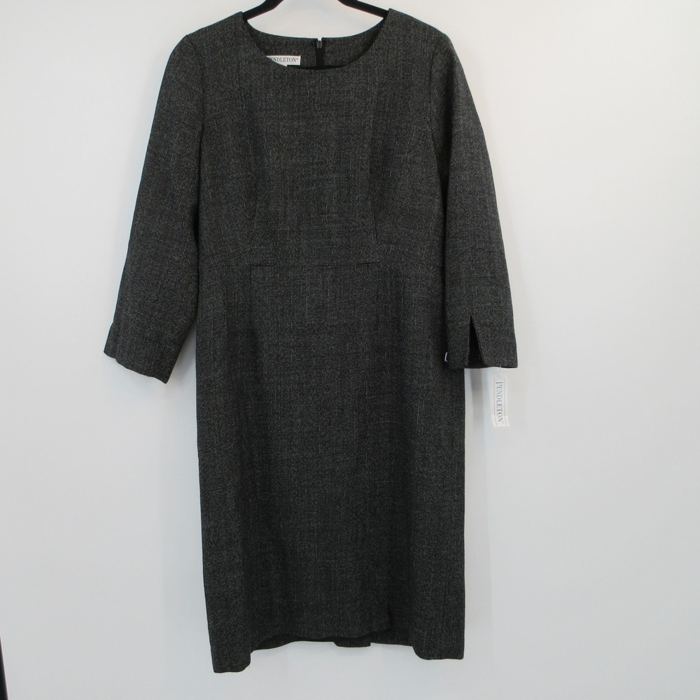 Pendleton Womens Grey Micro Check Wool Sheath Dress 3/4 Sleeve Size 8 NWT USA